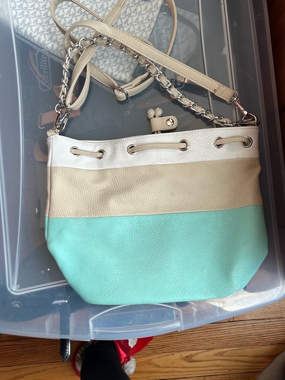 Leather Colorblock Crossbody Bag in Mint, Cream & Tan